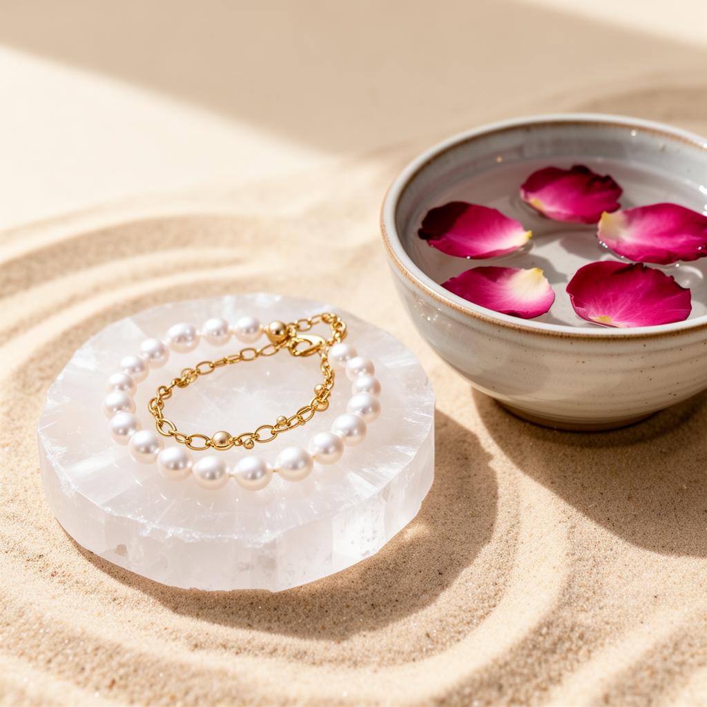 Jewellery on a selenite charging plate beside a Tibetan sound bowl