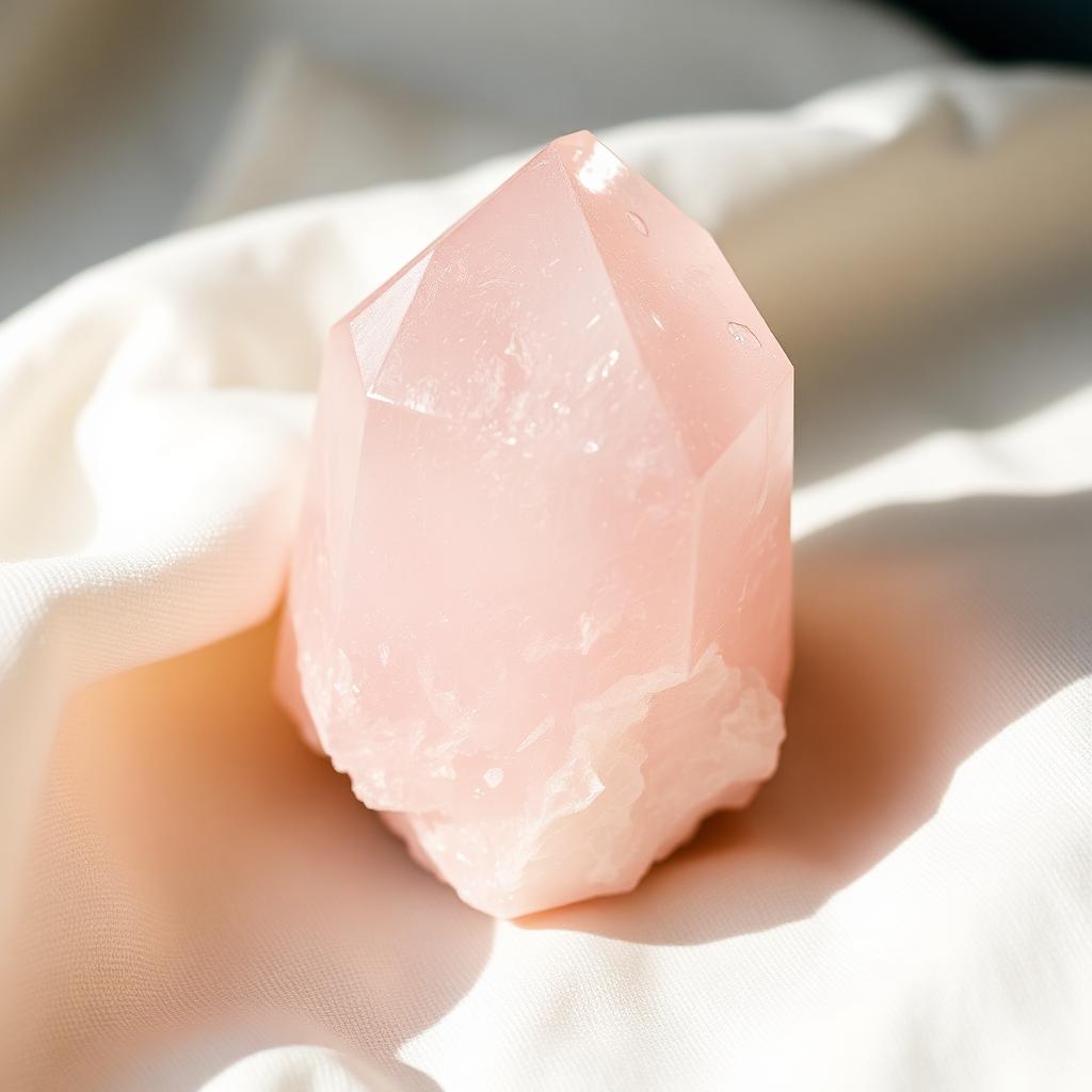 A raw rose quartz crystal on soft cream linen — a symbol of bespoke, handcrafted jewellery