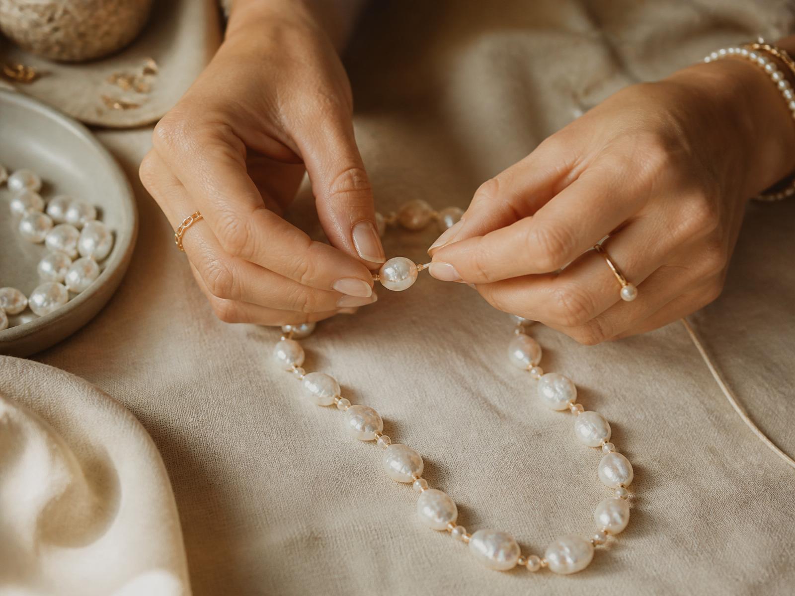 Hands stringing a beaded baroque freshwater pearl necklace on cream linen