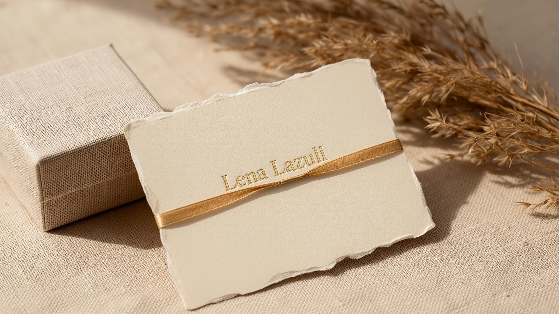 Lena Lazuli gift card with deckled edges, gold-foil logo and gold silk ribbon on warm linen