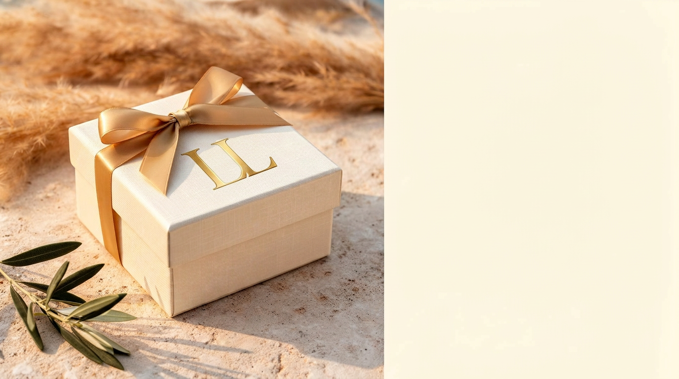 Linen-textured Lena Lazuli box tied with a soft gold ribbon