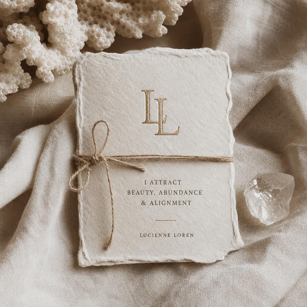 Lena Lazuli manifestation card with gold LL monogram, twine and raw quartz crystal