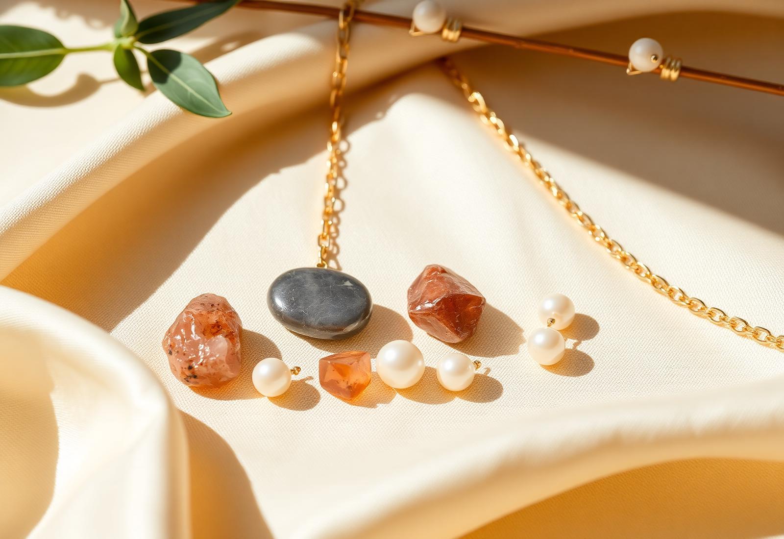 Freshwater pearls, raw gemstones, shells and warm gold chain on cream linen